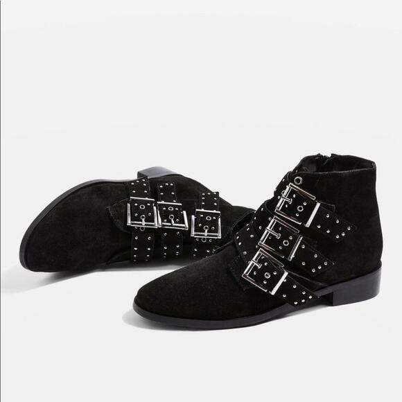 Topshop Krown Studed Upper Leather Suede Buckle Ankle Boots Size 40 9.5 New
